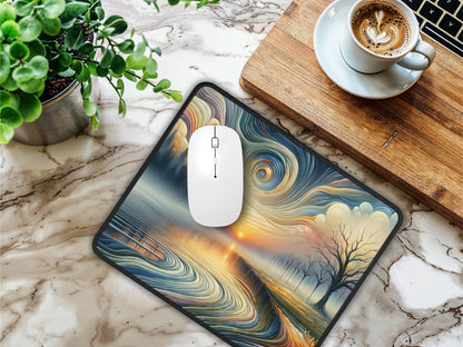 Mouse pad with a fantastical dragon and lady design set on a marble table next to a cup of coffee, adding a touch of elegance to the workspace.