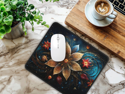 Workspace setup featuring the Celestial Bloom Mouse Pad and a white mouse, with a coffee cup and plant accents on a marbled desk.