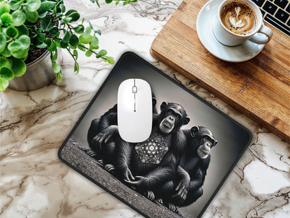 Mouse pad with a chimpanzee design on a marbled surface alongside a white mouse and coffee cup.