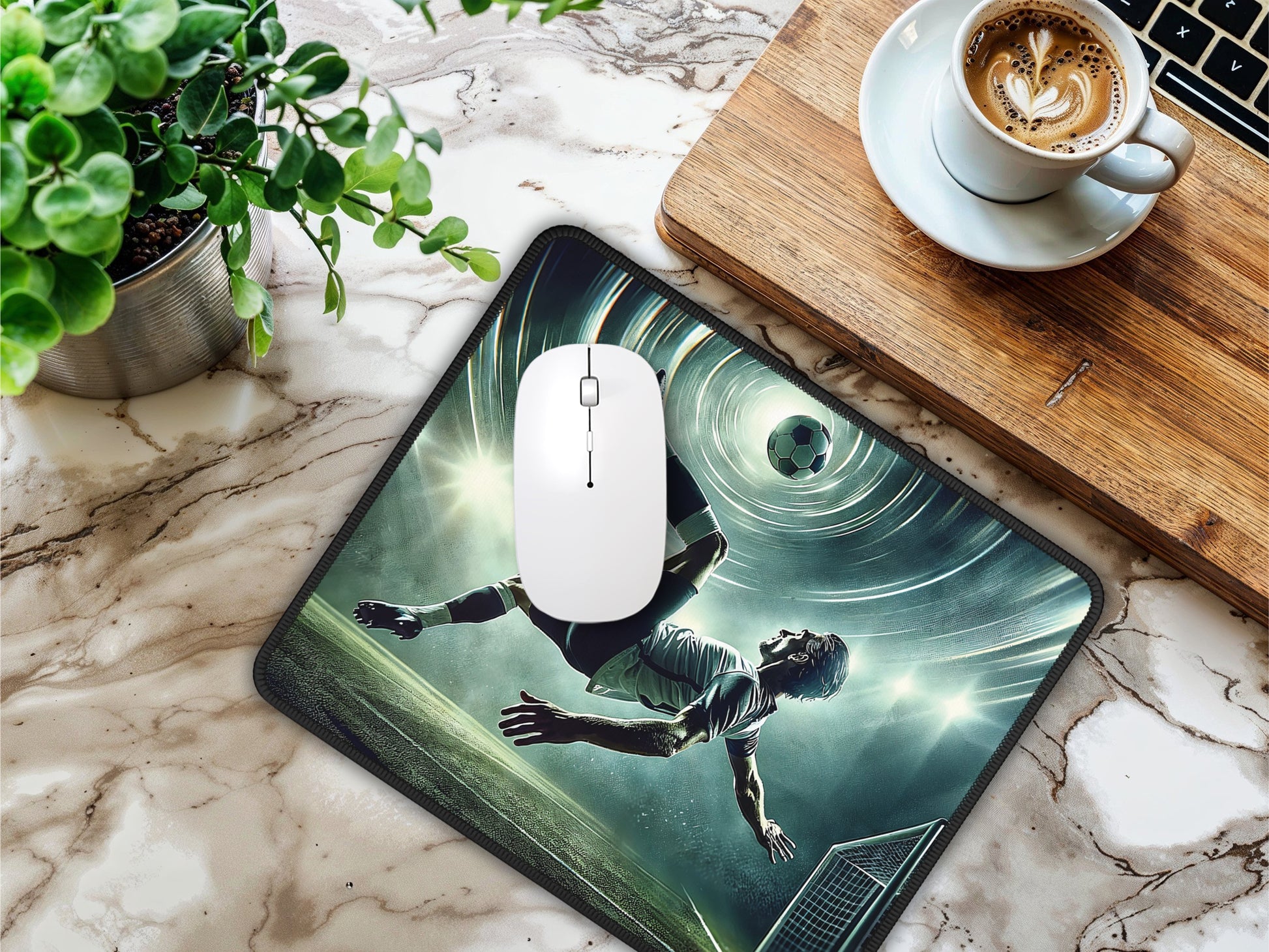 Desk setting with a soccer action mouse pad, enhancing the work area with a lively and energetic sporting vibe next to a cup of coffee.