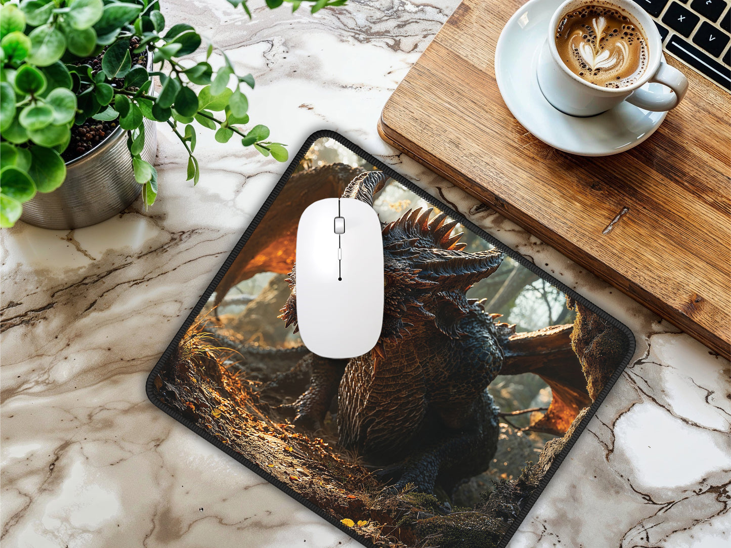 Mouse pad on a marble surface next to a coffee cup and plant, showcasing its vibrant design and everyday utility.