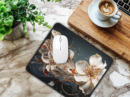 Designer mouse pad with floral motif placed on a marble desk next to a laptop and a cup of coffee, marrying functionality with a flourish of artistic charm.