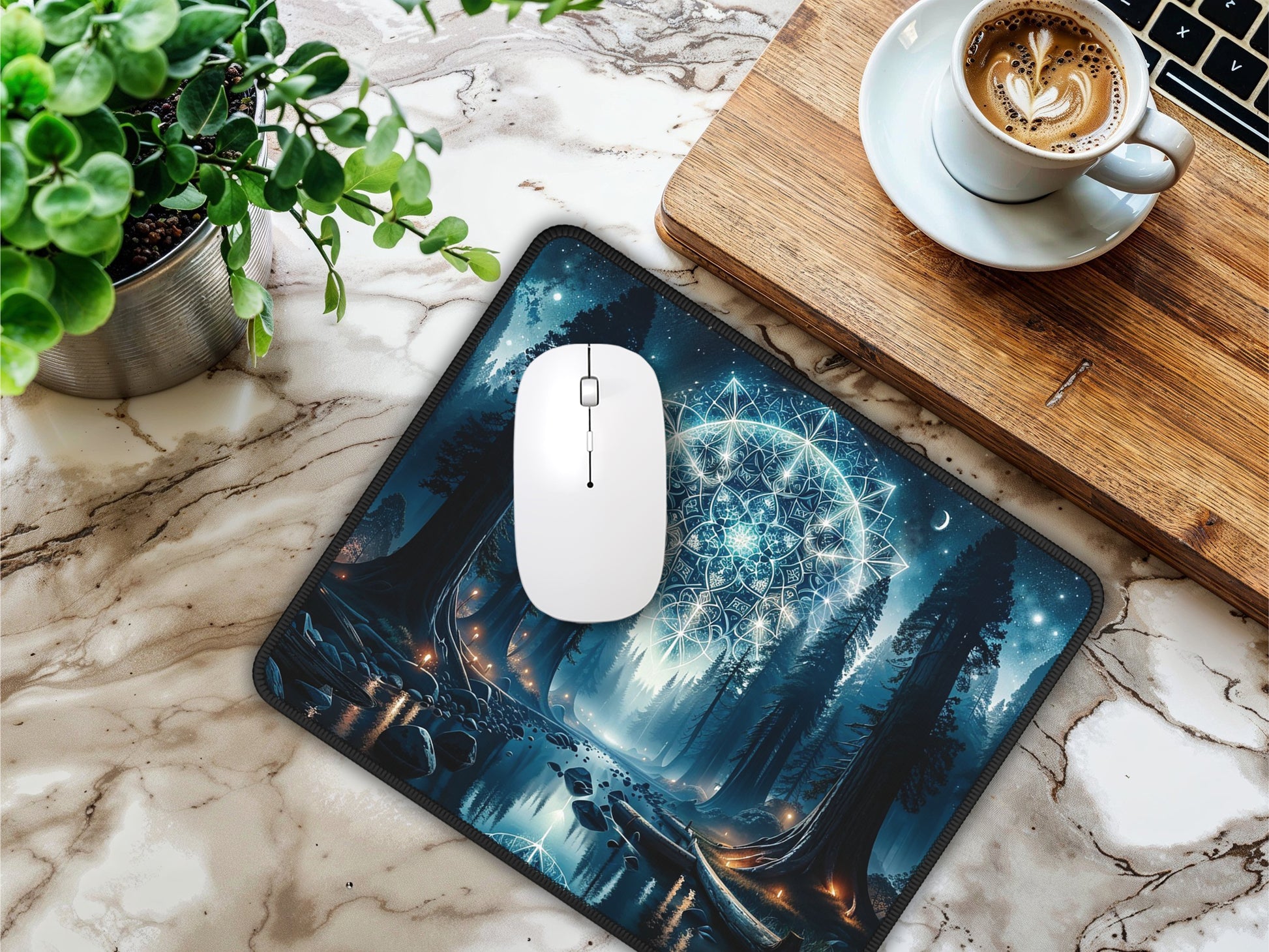 The mouse pad displayed on a marble surface, complementing an elegant coffee break setup with a nature-inspired vibe.