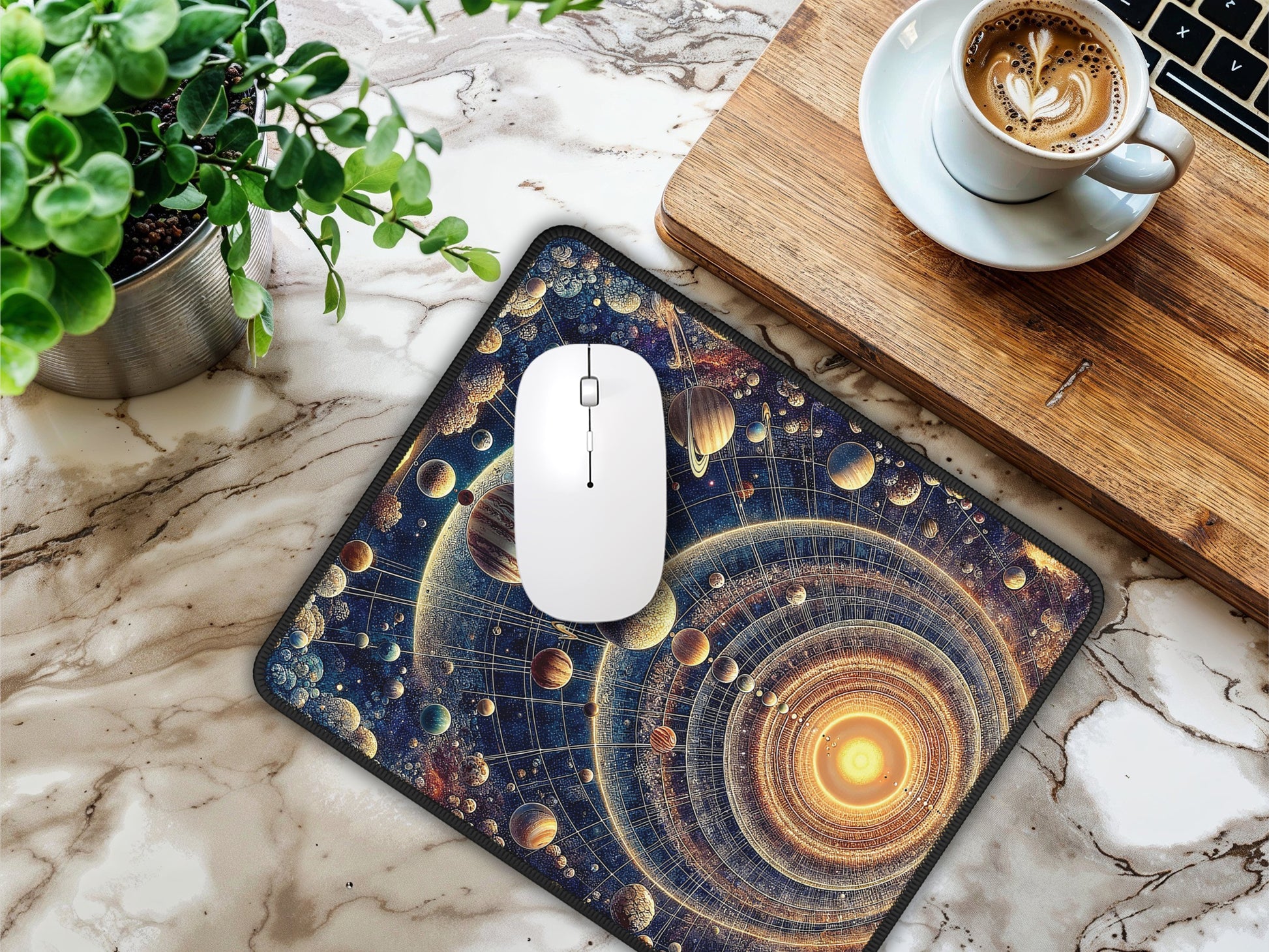 Desk setting with the galactic mouse pad positioned next to a steaming coffee cup, bringing cosmic inspiration to any workspace.