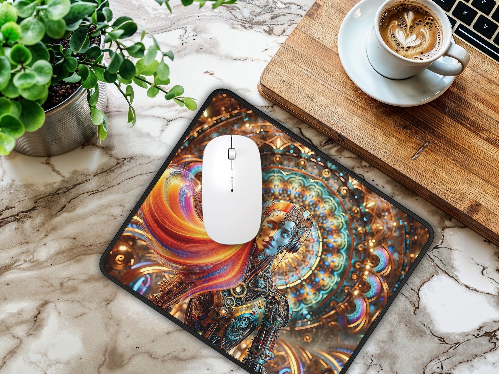 The steampunk android mouse pad sits on a marble surface next to a wooden laptop stand and a cup of coffee, showcasing its intricate artwork.