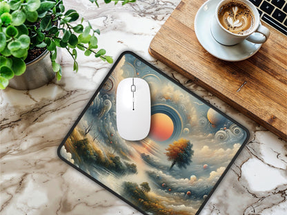 A desktop view with the mouse pad illustrating a surreal, vibrant sunrise over a fantastic, ethereal landscape.