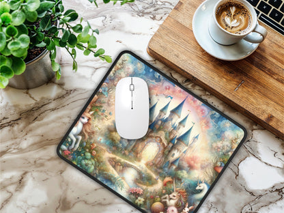 Artisan mouse pad with kaleidoscope effect placed on a marble countertop beside a cup of coffee, illustrating a whimsical fairytale scene.