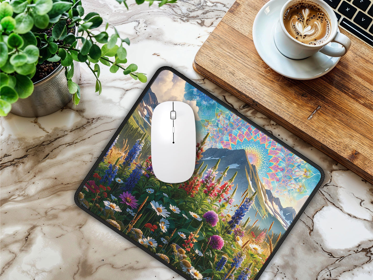 A lifestyle shot of the mouse pad on a marble surface, enhancing a home office setup, complete with a coffee cup and a wood-toned laptop.