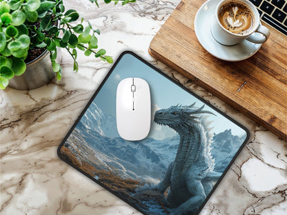 The Winter Dragon mouse pad enhancing a coffee nook, with the dragon looking out from the desk beside a hot cup of coffee and a laptop.