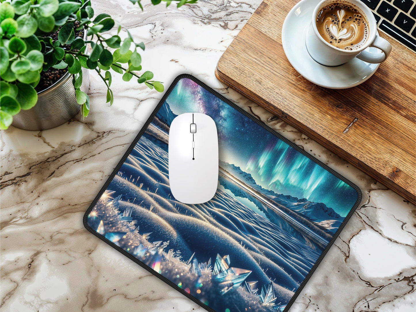 Image showing the mouse pad on a home office desk with a coffee cup, a plant, and a laptop, highlighting its utility and stylish design.