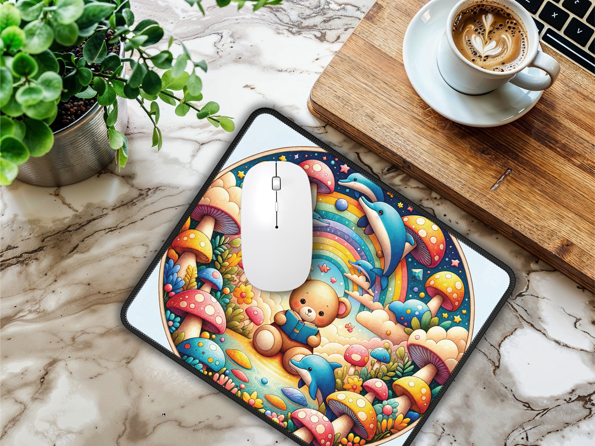 Whimsical mouse pad adorned with a teddy bear, dolphins, and rainbows on a marbled desk beside a cup of coffee.