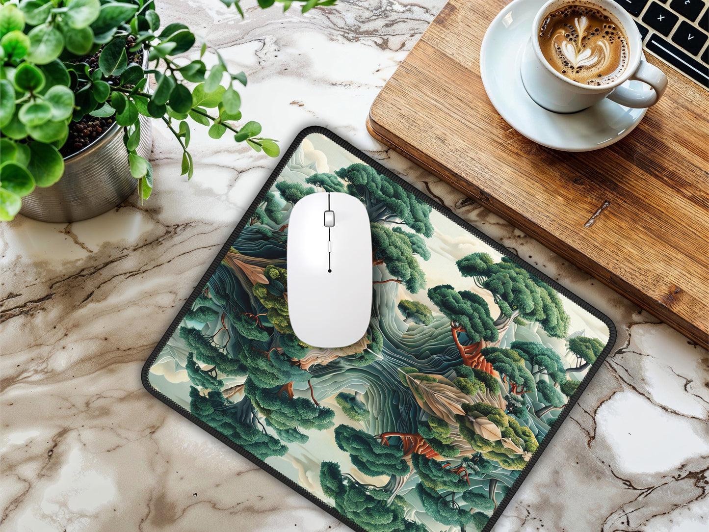 The mouse pad laid on a marble desk with a coffee cup, elevating a relaxing break with its serene garden design.