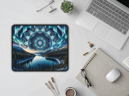 Office setup with a laptop, notepad, and the Alaska Kaleidoscopic Night; mouse pad featuring a celestial aurora design.