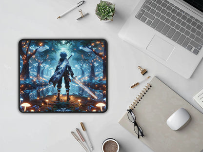 A neatly organized desk featuring a gaming mouse pad with an anime twilight luminescence design, adding a touch of magic to the workspace