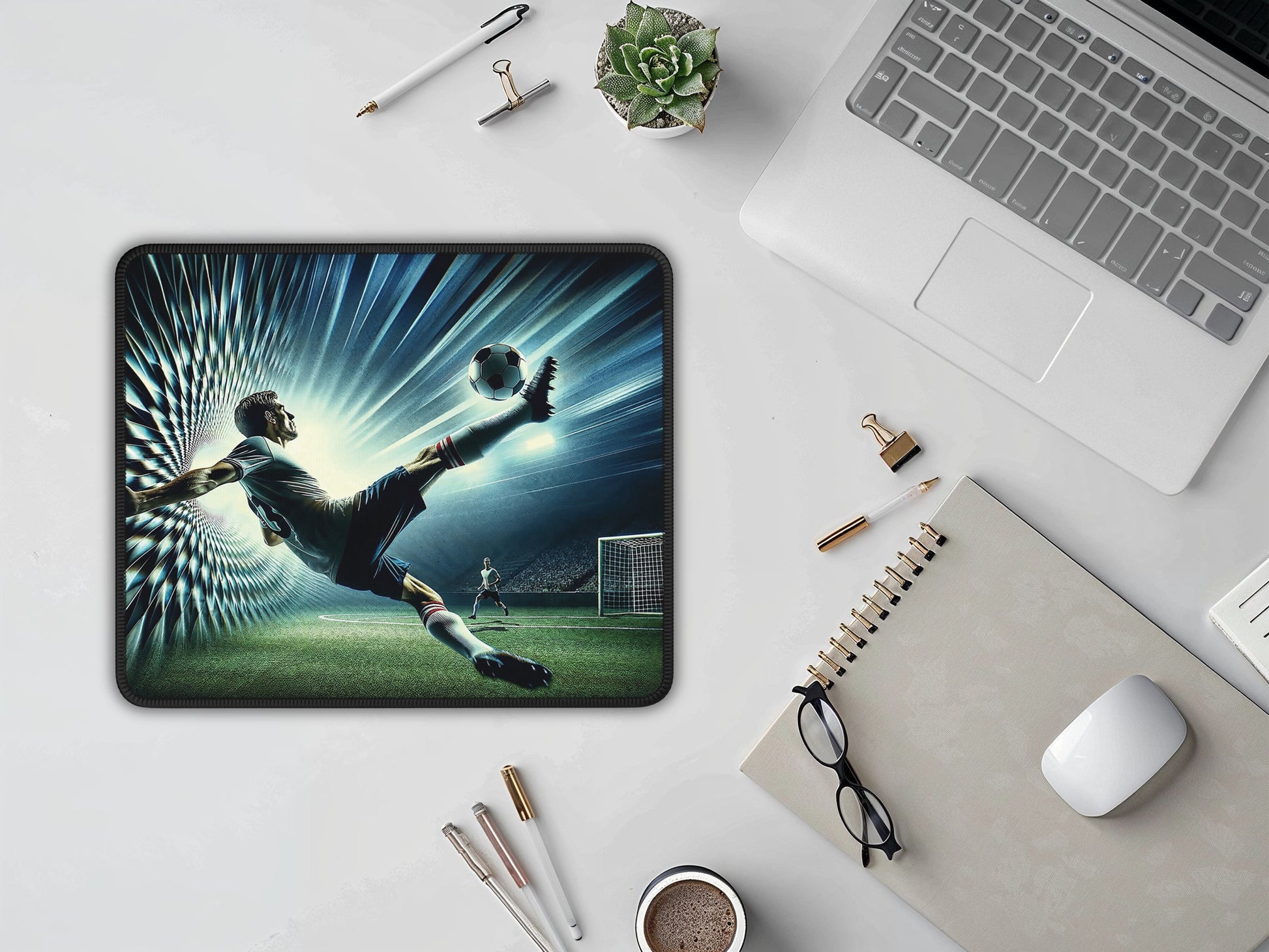 A neatly organized workspace with the mouse pads striking soccer player illustration, providing an energetic burst of color to the setting.