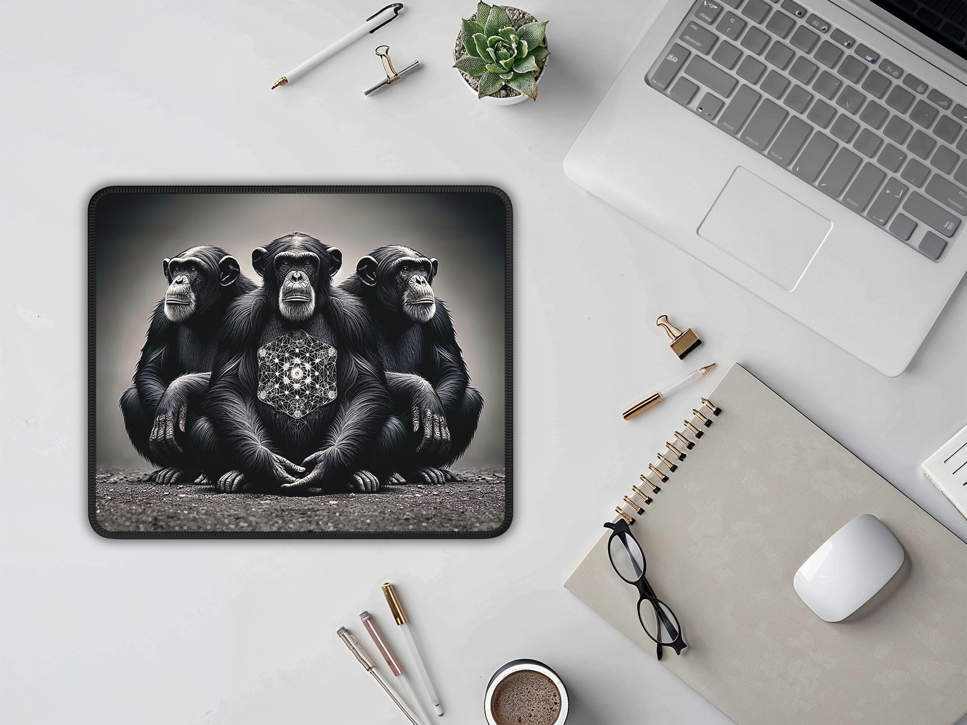 Monochromatic mouse pad adorned with chimpanzee imagery, positioned next to a laptop and office supplies.