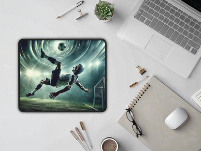 High-impact soccer player design on a mouse pad, perfectly complementing a professional laptop setup and office stationery.