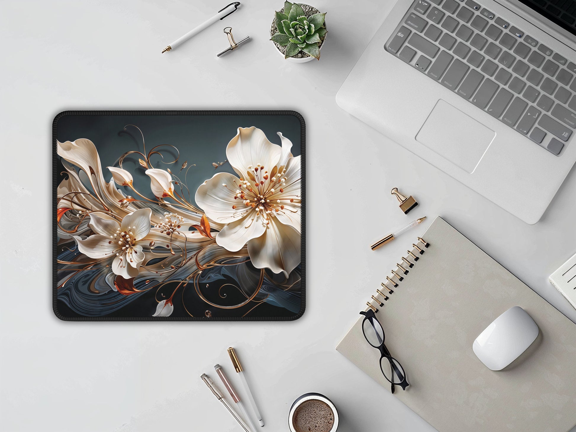 Stylish workspace setup featuring the artisan floral mouse pad, which brings a serene and creative atmosphere to any desk, alongside modern office essentials.