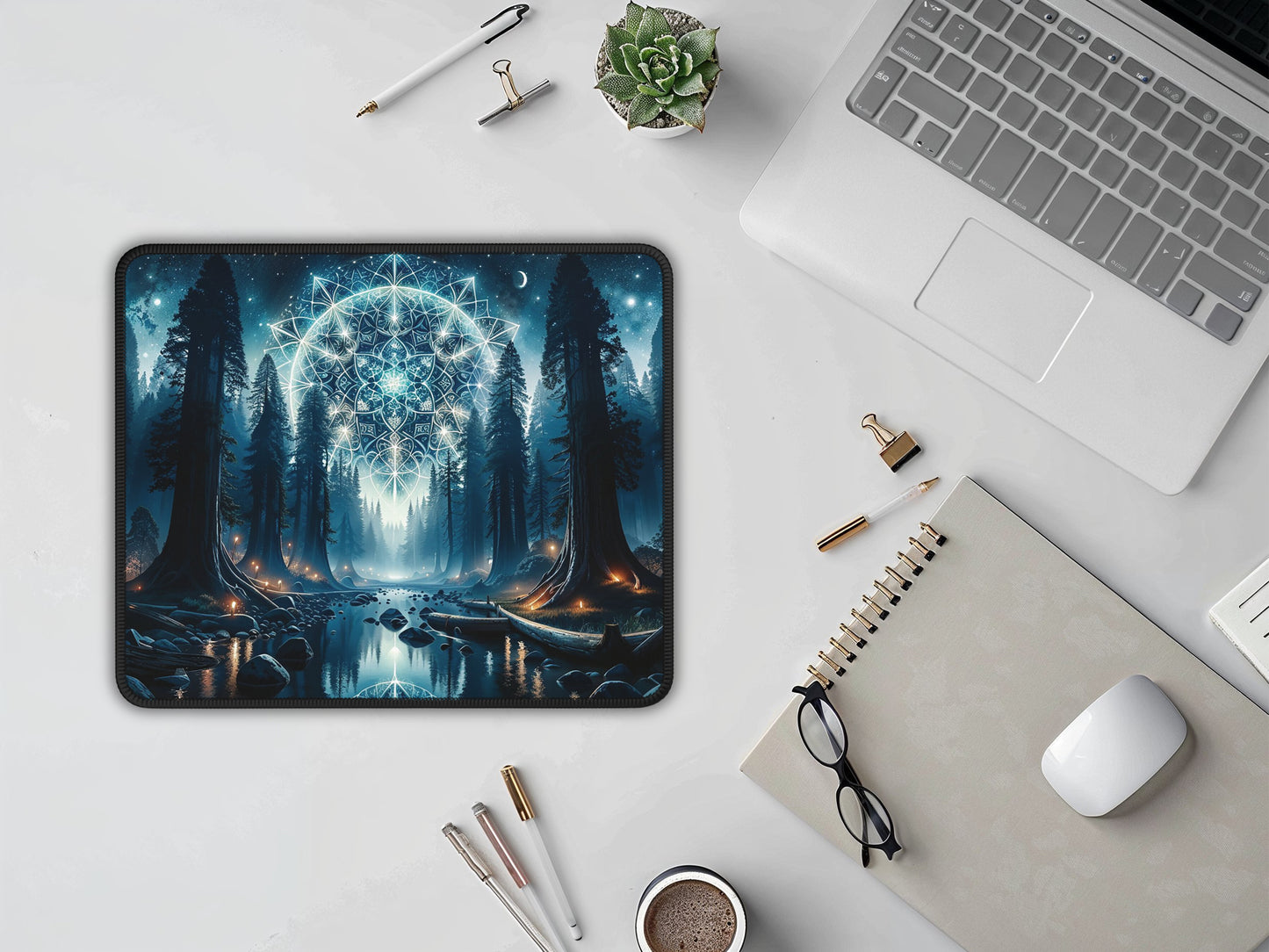 An organized desk featuring the mouse pad with a cosmic forest design, offering a serene addition to a professional workspace.