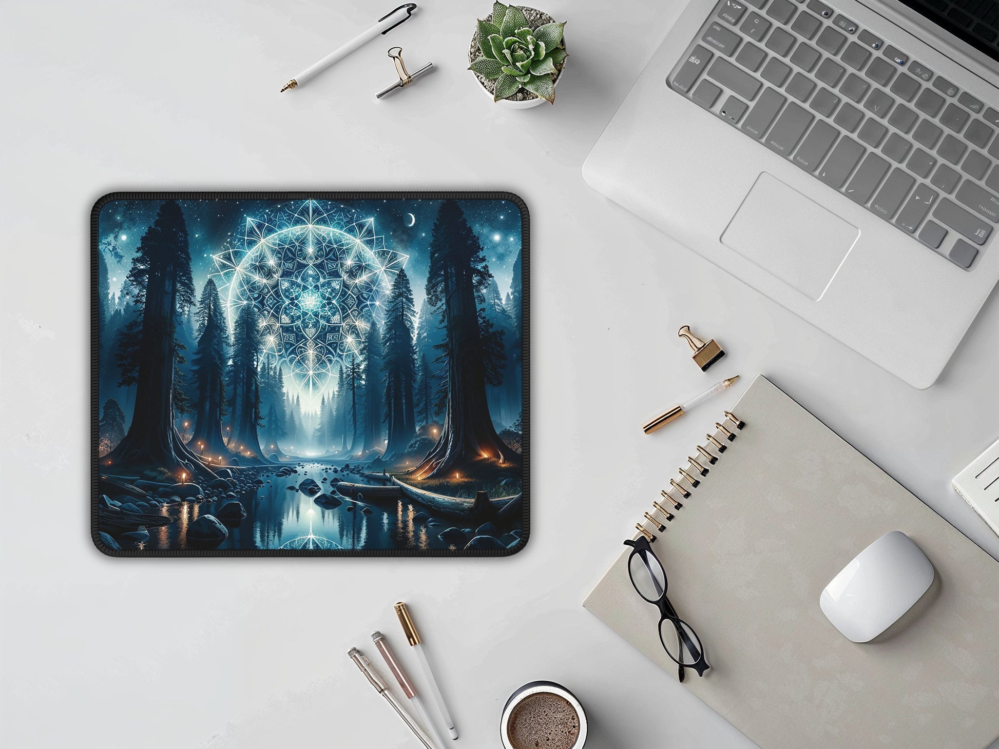 An organized desk featuring the mouse pad with a cosmic forest design, offering a serene addition to a professional workspace.