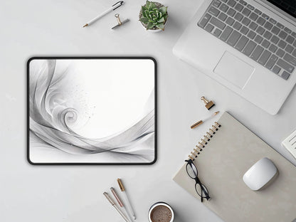 Modern desk setup featuring the minimalist elegance mouse pad, alongside a sleek laptop, notepad, and contemporary desk accessories.