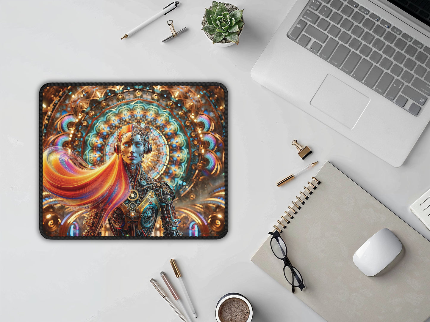 Another angle of the steampunk android mouse pad in a working space, highlighting the interaction of colors and mechanical elements in its design.