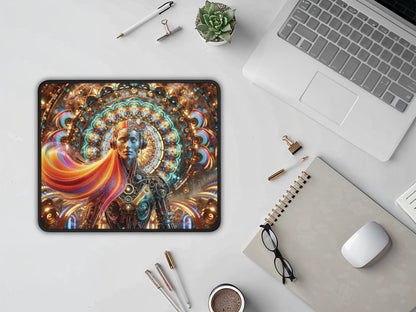 Another angle of the steampunk android mouse pad in a working space, highlighting the interaction of colors and mechanical elements in its design.