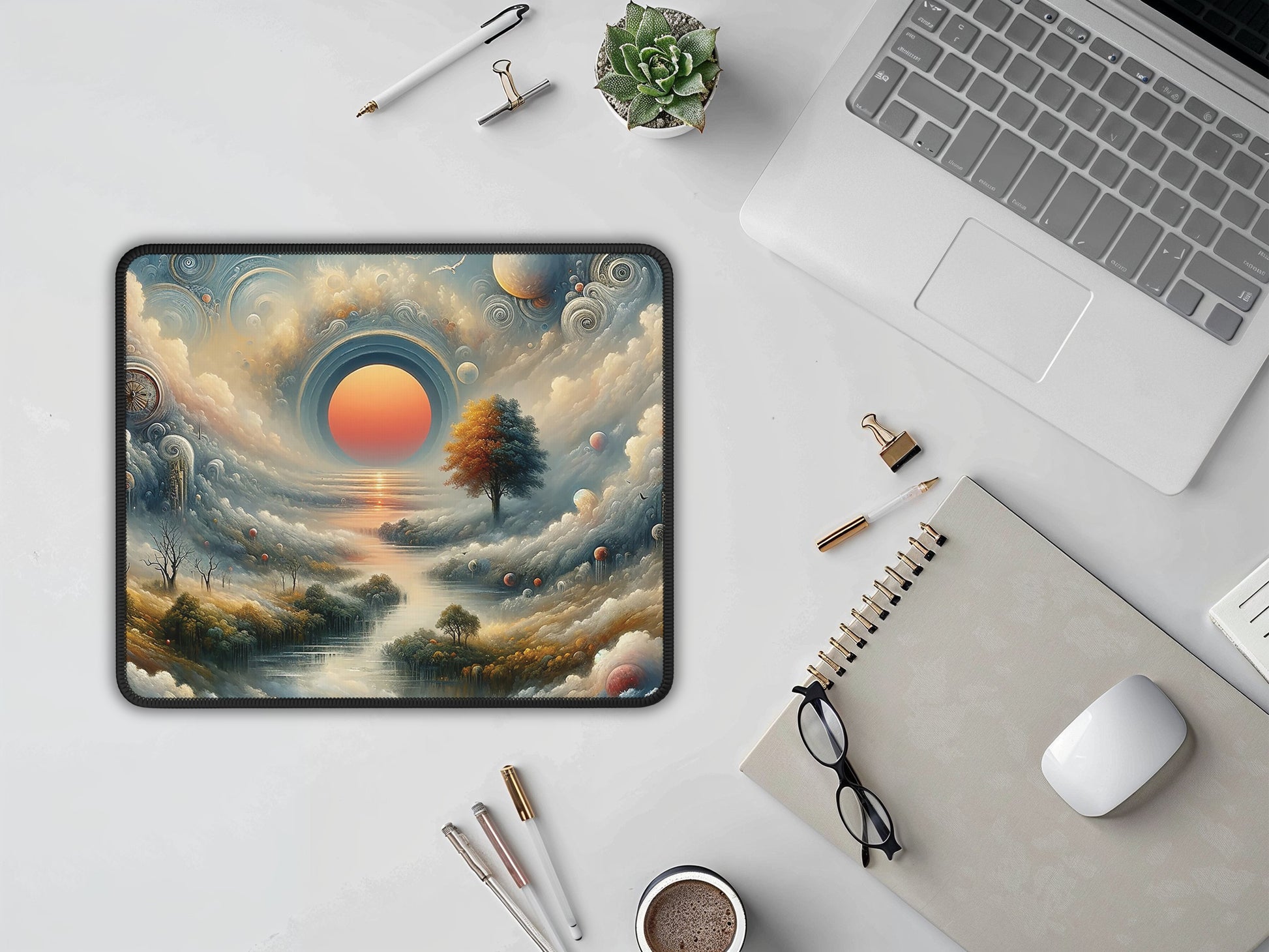 A clean desk showcasing the mouse pad vivid artwork of a surreal morning, bringing creativity to the workspace.