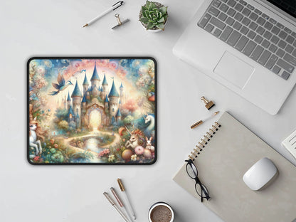 Elegant gaming mouse pad with kaleidoscopic fantasy castle design, presented on a clean workspace with a laptop and notebook.