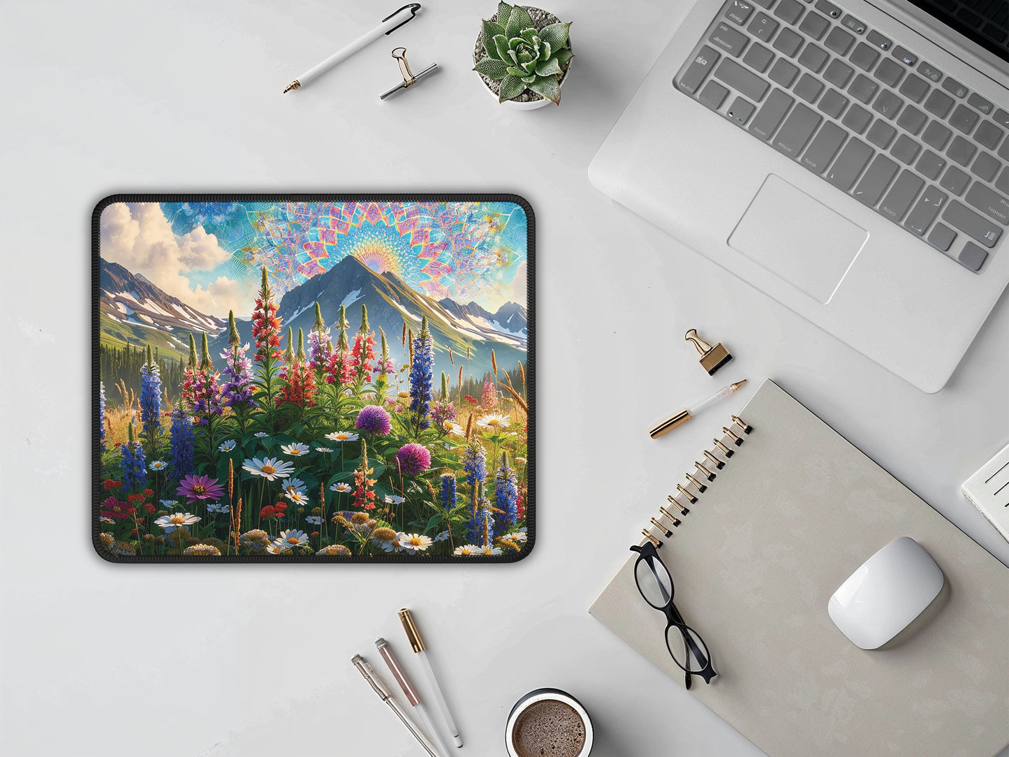 An overhead view of the mouse pad on a minimalist white desk, showcasing the colorful floral artwork as it complements office essentials for a stylish workspace.