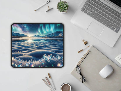 Scene of the mouse pad on a white marble table next to a laptop and office supplies, demonstrating its appeal in a modern workspace.