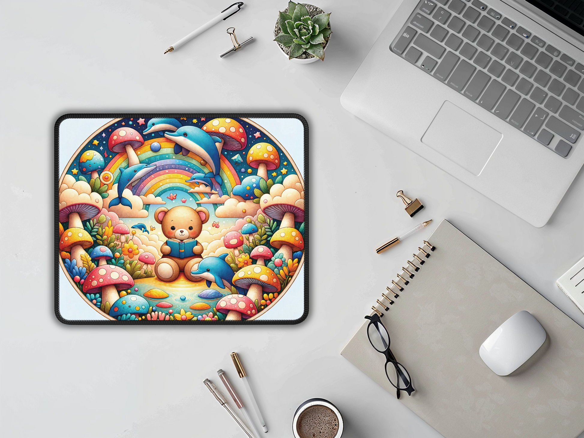 Creative work space featuring an imaginative mouse pad with a teddy bear in a mushroom and rainbow setting.