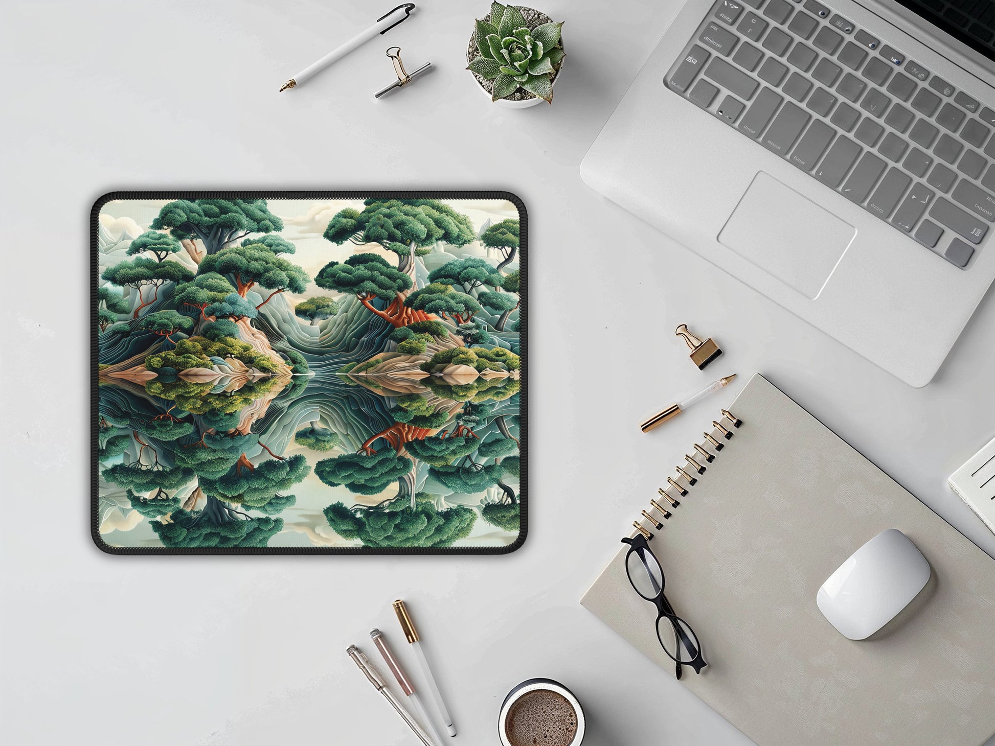 Zen garden mouse pad on a minimalist workspace, offering a peaceful visual escape during intense gaming sessions.