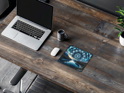 Desk with mouse pad showcasing a mirrored Alaskan landscape with a starry, fractal sky, alongside a laptop and a coffee cup.