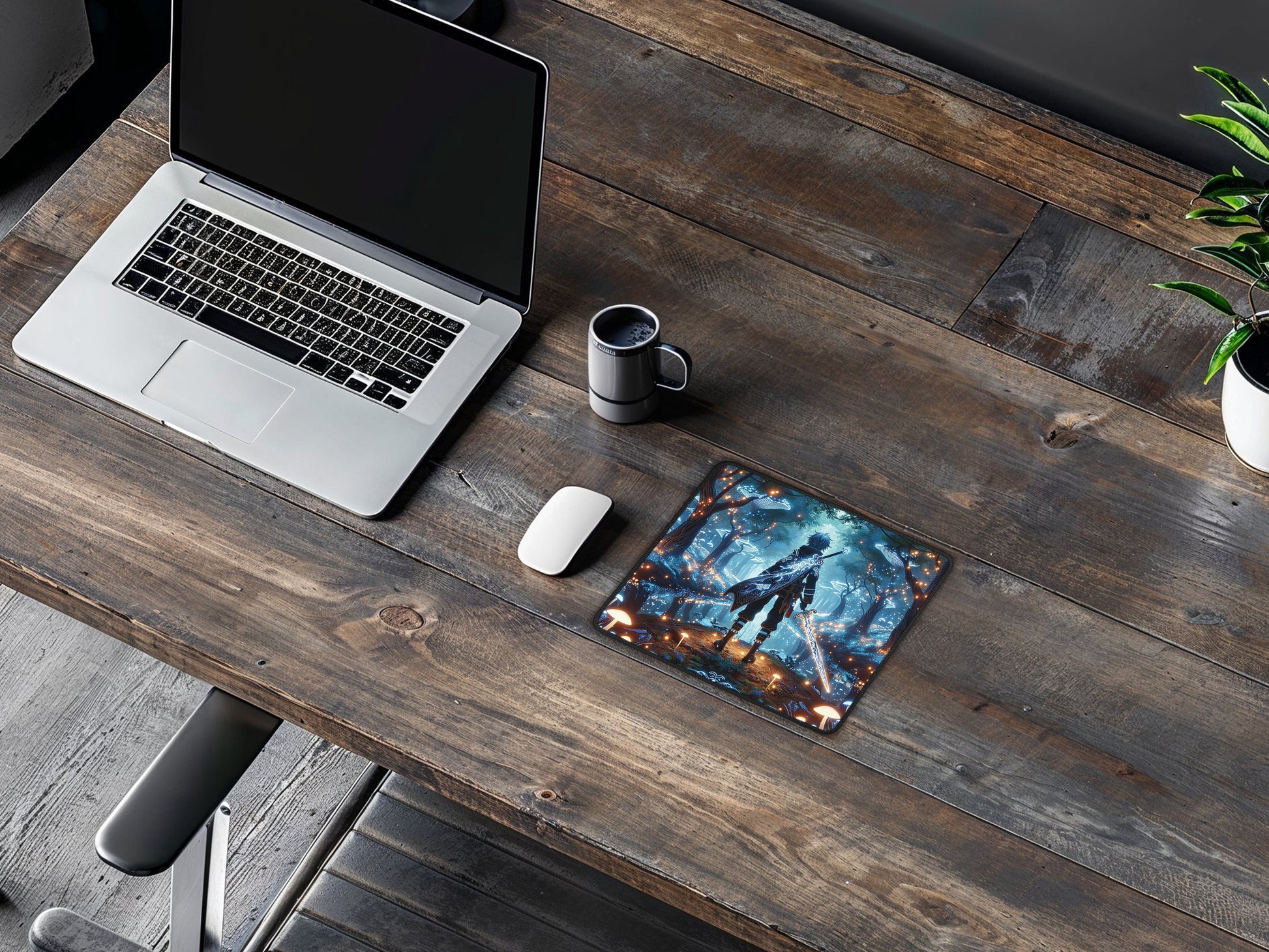 Rustic wooden desk setup with an anime twilight luminescence gaming mouse pad, showcasing the pads vibrant colors and intricate design.