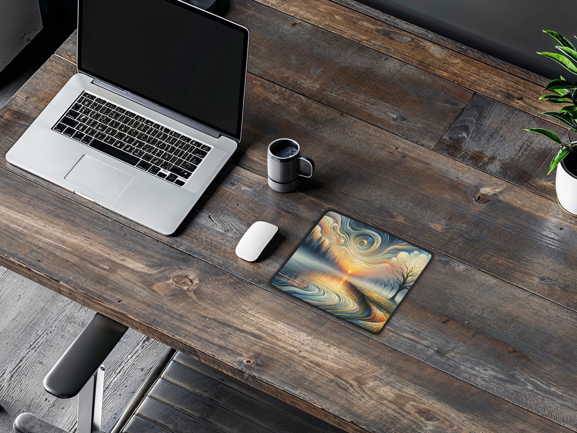 Rustic wooden desk featuring the detailed mouse pad with dragon artwork, blending fantasy and functionality in a workspace.