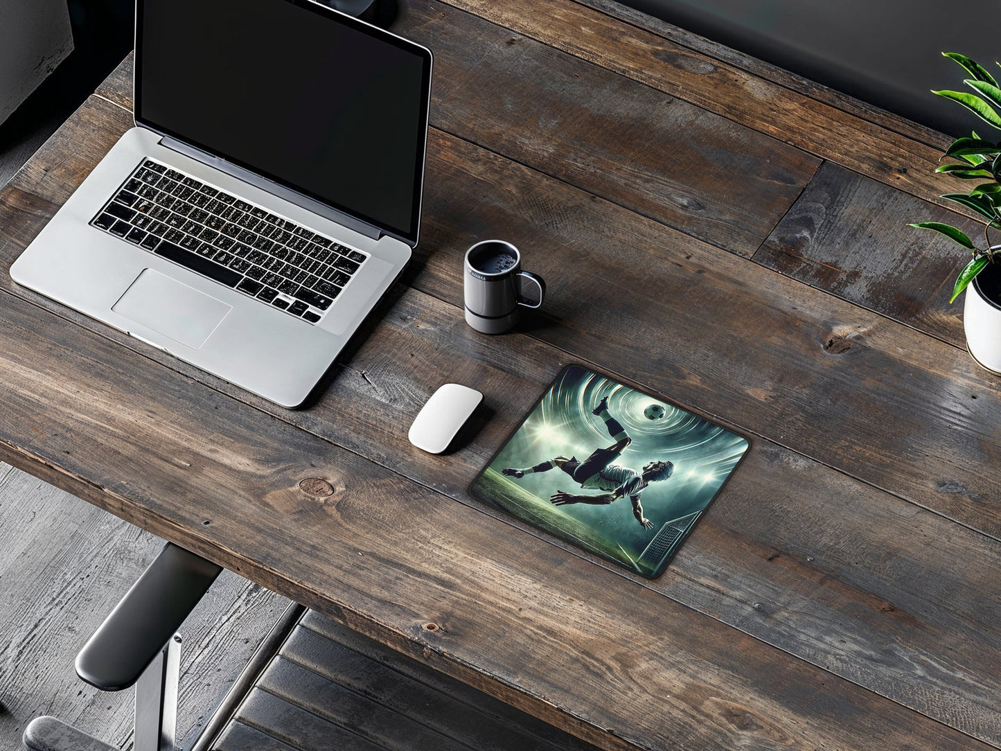 Stylish office desk featuring a vibrant soccer gaming mouse pad, providing a blend of functionality and passion for the sport.