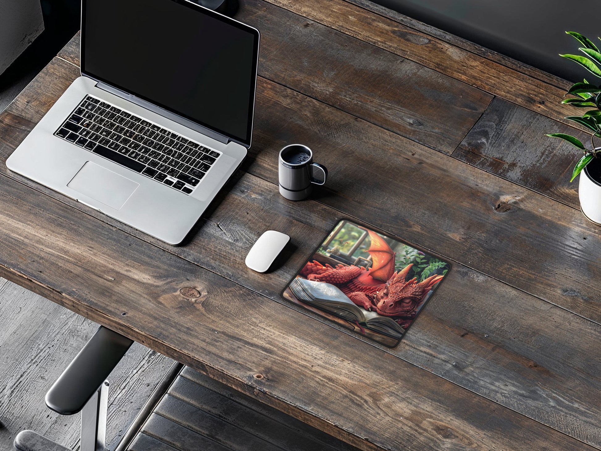 A mouse pad illustrating a slumbering dragon on a book, nestled within a homey workspace, adding a mythical ambiance to the room.