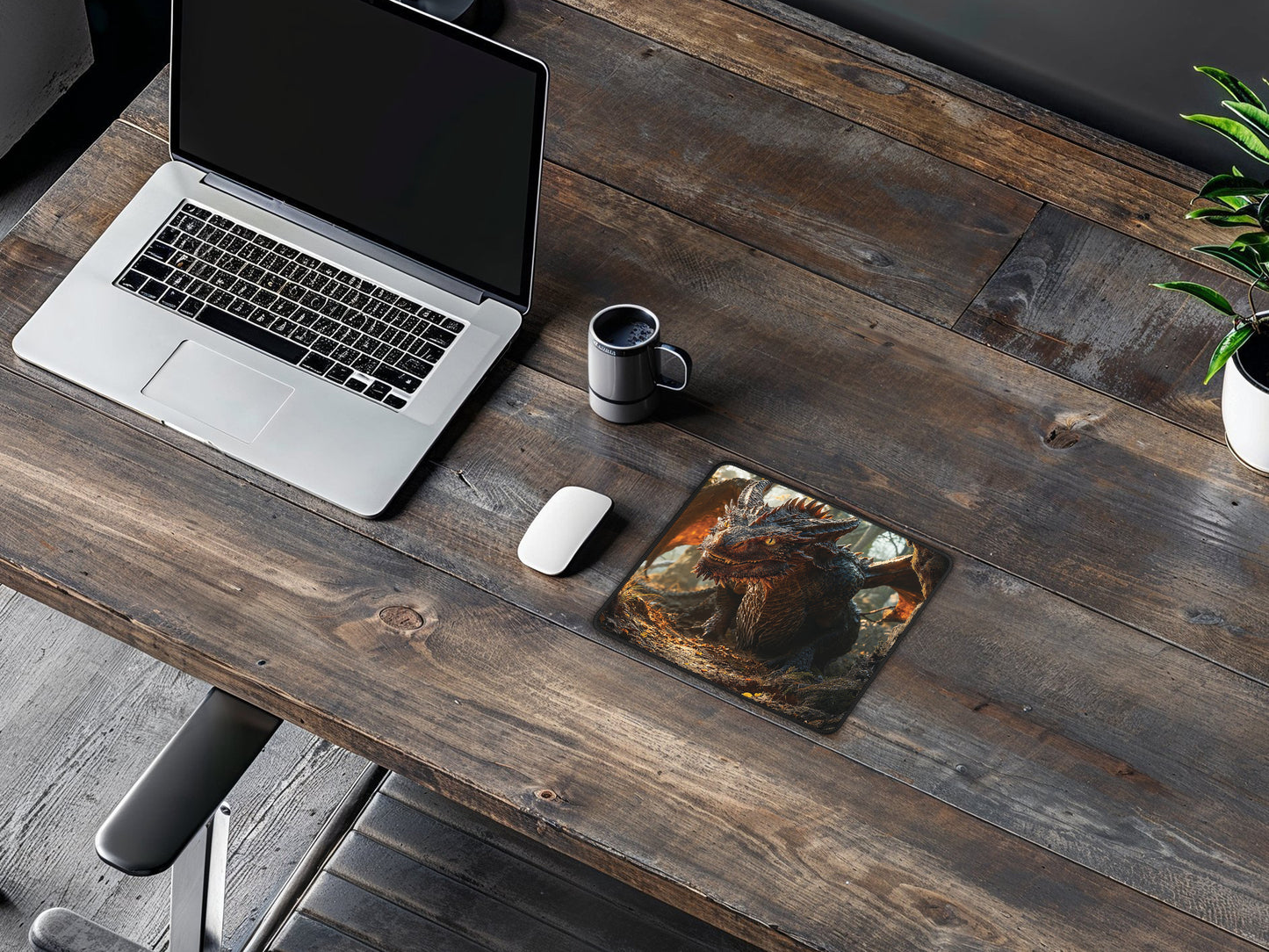 The mouse pad on a wooden desk illustrating its large surface area, perfect for gaming or professional use.