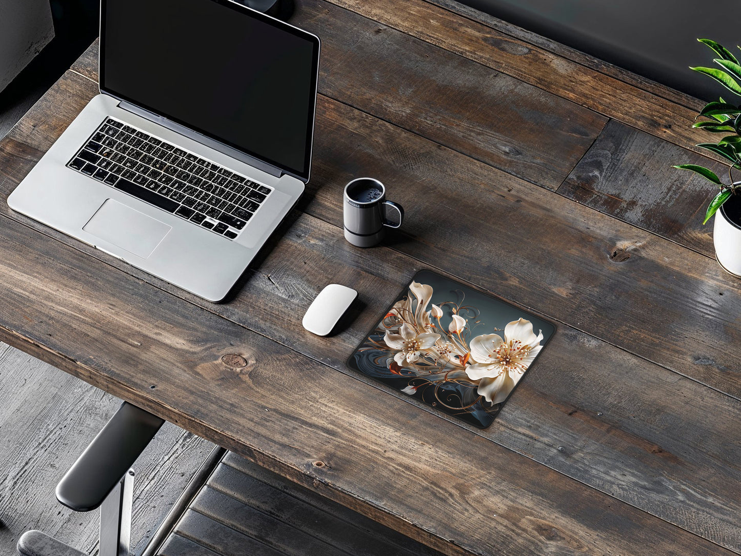 A beautifully designed mouse pad enhancing a home office space with its botanical art, providing a smooth surface for daily use and gaming activities.