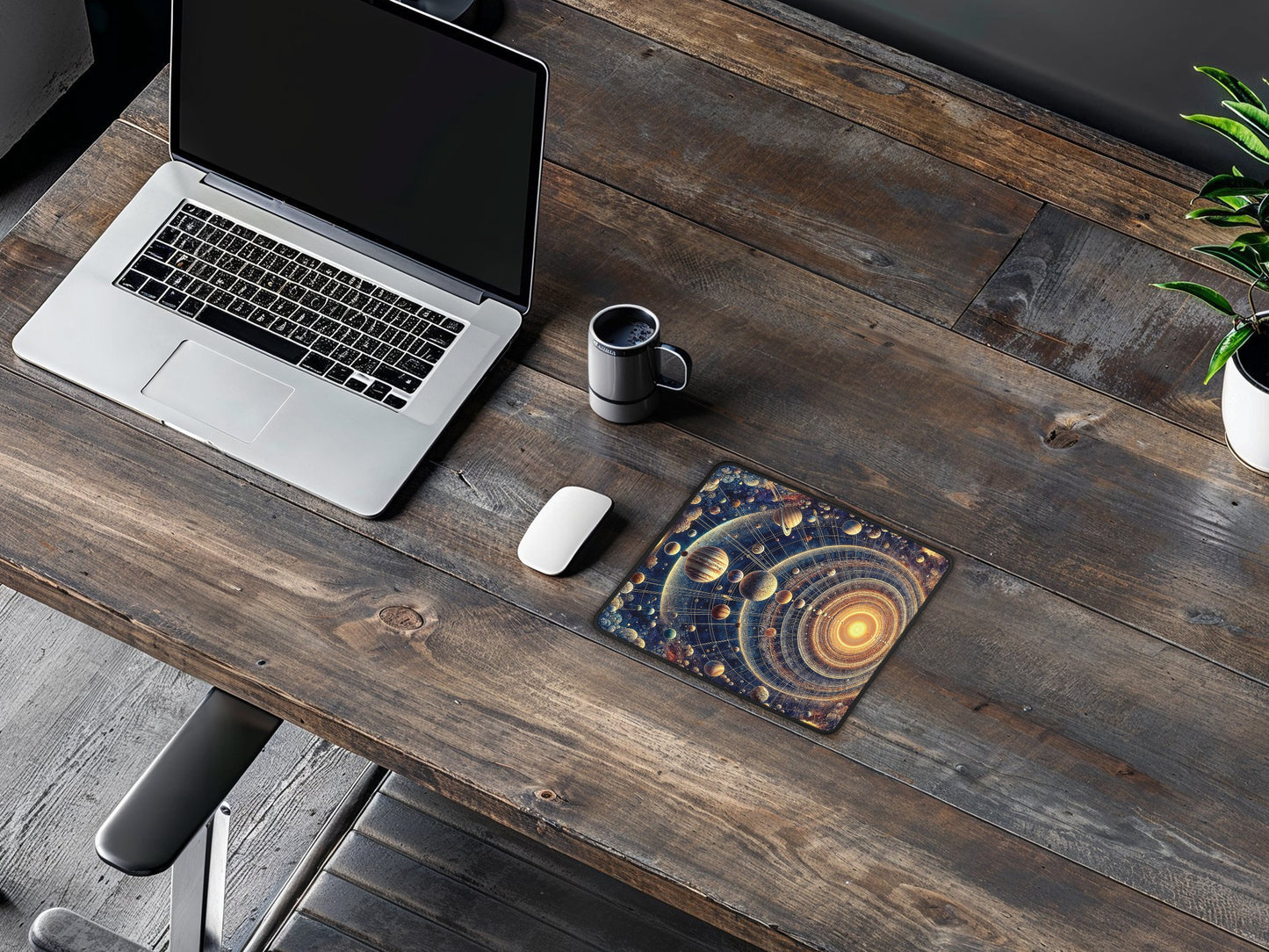 Gaming mouse pad featuring a cosmic vista lies atop a wooden desk, offering ample space for mouse movement and astronomical visual appeal.