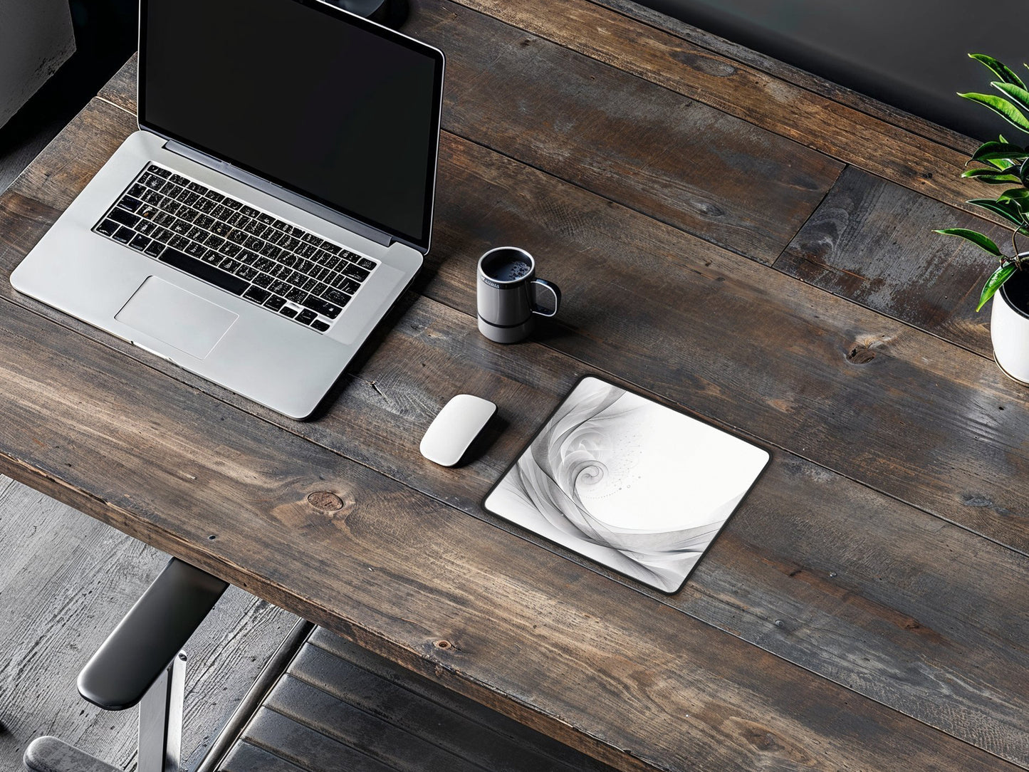 Workspace showcasing the mouse pads intricate grayscale design, accompanied by a laptop, coffee mug, and potted plants