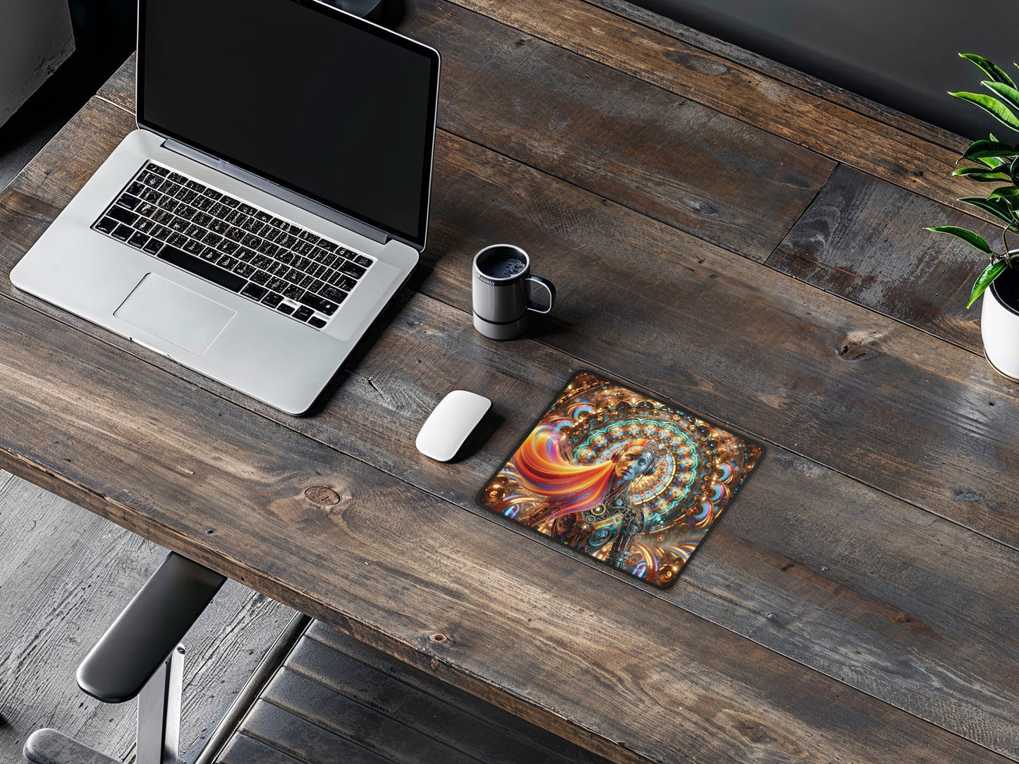 Professional desk setup featuring the vibrant mouse pad with a steampunk android, set against the backdrop of a laptop and modern workspace essentials.