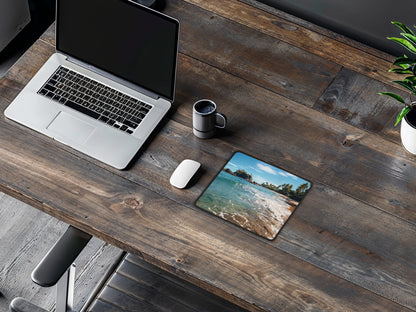 The gaming mouse pad with Thai beach imagery laid on a rustic wooden desk, providing a spacious and scenic foundation for mouse navigation.