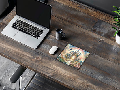 The mythical kingdom mouse pad lying flat on a wooden surface with a laptop, showcasing its full design with a kaleidoscope of colors.