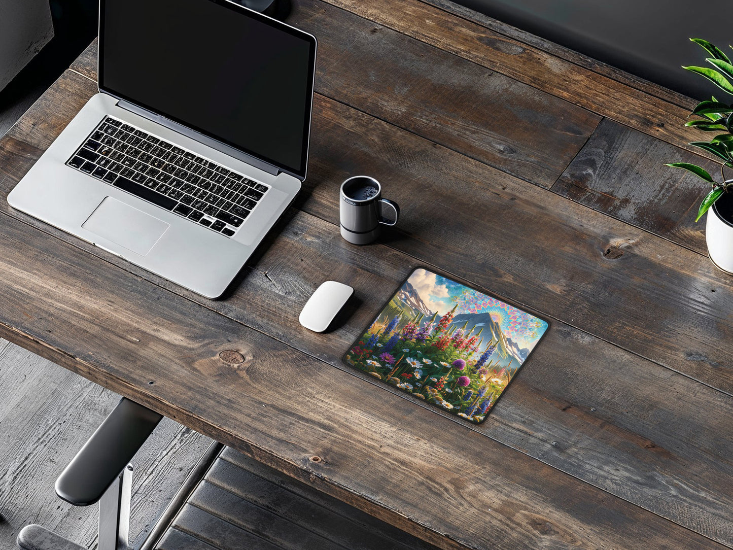 The mouse pad lays on a rustic wooden desk, with its vibrant wildflower design and kaleidoscopic sky adding a pop of color to the workspace.