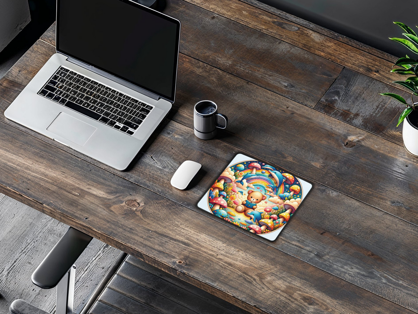 Artistic gaming mouse pad with a lively storybook scene, bringing joy and color to a wooden desk.