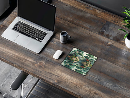 Wooden desk featuring the zen garden mouse pad, seamlessly integrating tranquility into a casual computing area.