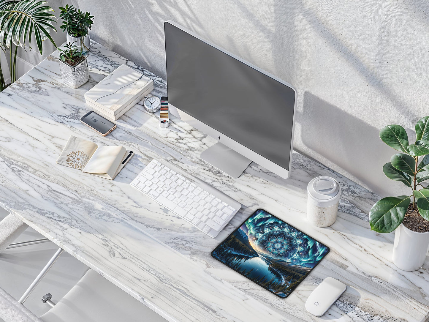 Workspace with Alaska Kaleidoscopic Night mouse pad on a marble desk, near a computer, plant, and office supplies