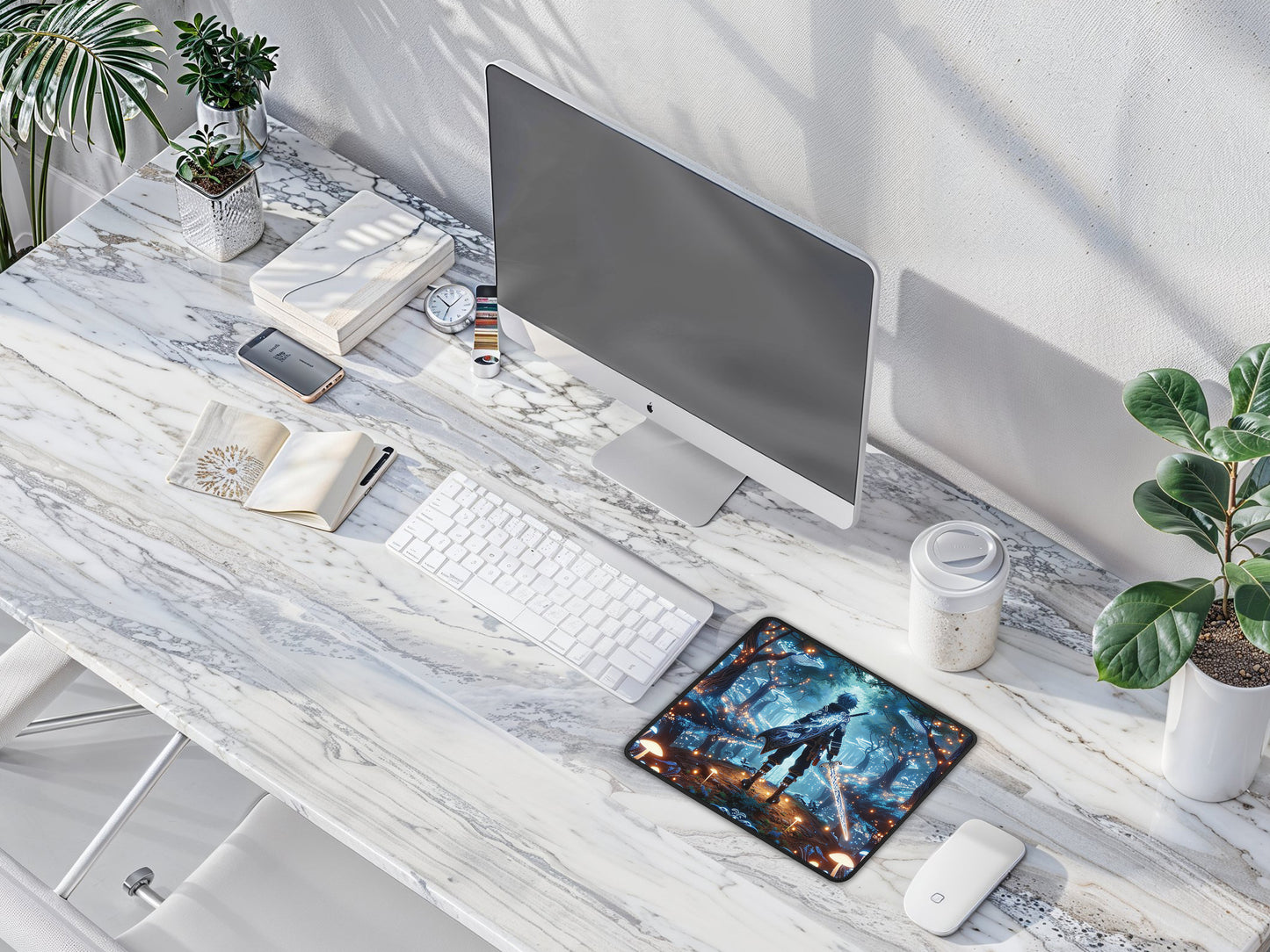 A modern workspace highlighted by a mystical anime twilight luminescence gaming mouse pad, flanked by contemporary office essentials.